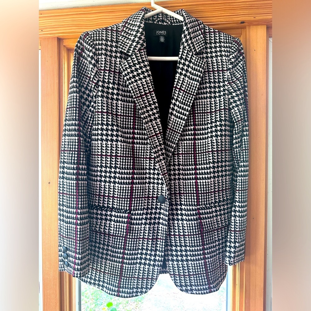 Jones NY Gray/Maroon Houndstooth Blazer Jacket-M-USA Made-LN